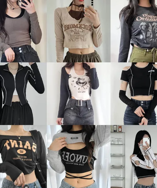 [봄여름가을🍁] 긴팔 쭉티 16종 크롭 셔링 오프숄더 y2k 프린팅