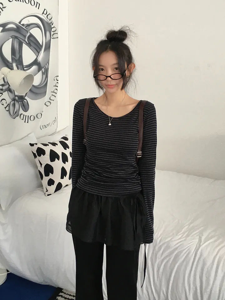 [슬림핏!/간절기,봄필수! 잔단가라 라운드넥 단가라티셔츠 긴팔티셔츠 이너티 기본티] 엘리슬림핏단가라긴팔T 상세 이미지 28