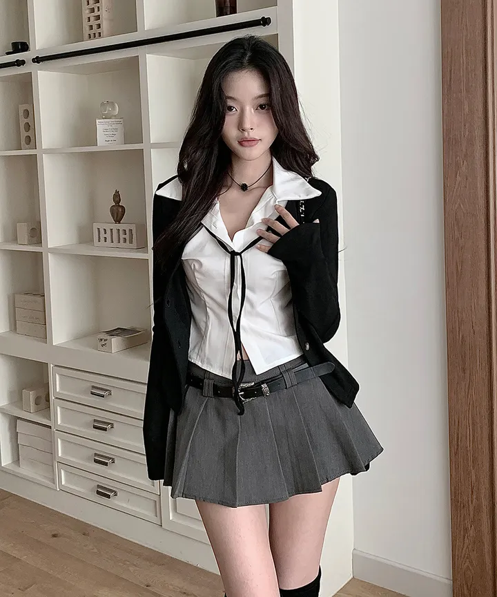 [반팔/긴팔❄일체형💗고퀄ver] 칠리 셔츠 가디건 일체형 레이어드 리본 슬림핏 긴팔 반팔 티셔츠 가디건 봄 겨울 가을 / 하객룩 출근룩 소개팅룩 데이트룩 클래식블랑 상세 이미지 3