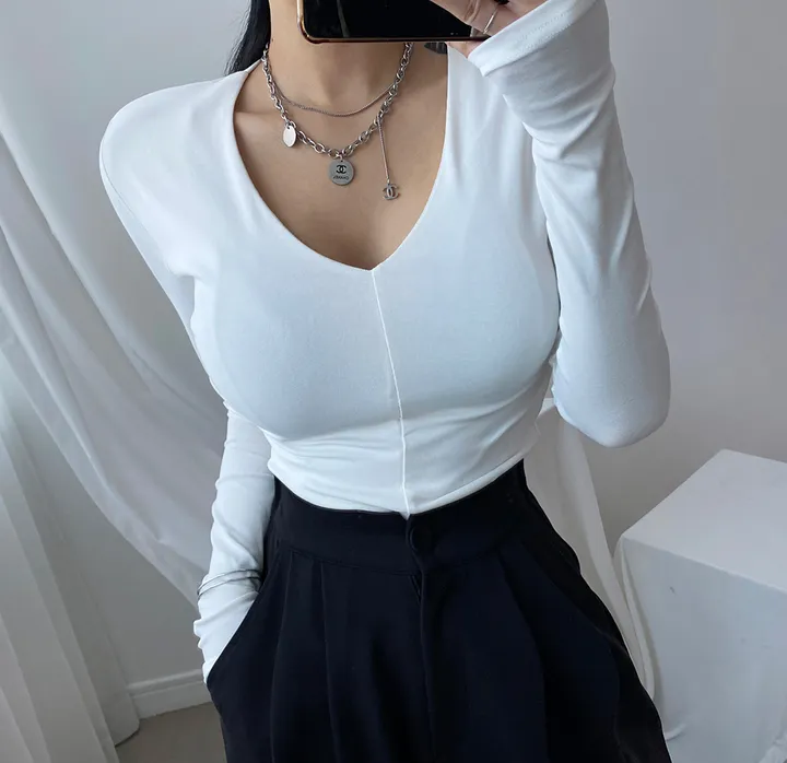 패드 브이넥 스판 절개 슬림 티셔츠 상세 이미지 48