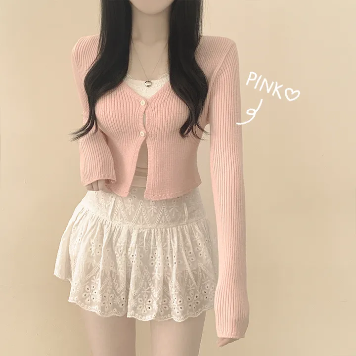 [벚꽃룩🌸/여리색감] 파스텔 크롭 슬림핏 트임 봄여름 니트가디건 딸기우유 핑크 소라 러블리힙 상세 이미지 3