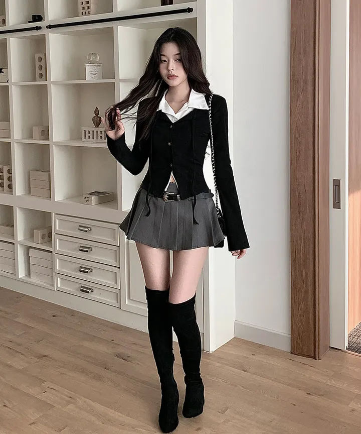[반팔/긴팔❄일체형💗고퀄ver] 칠리 셔츠 가디건 일체형 레이어드 리본 슬림핏 긴팔 반팔 티셔츠 가디건 봄 겨울 가을 / 하객룩 출근룩 소개팅룩 데이트룩 클래식블랑 상세 이미지 10