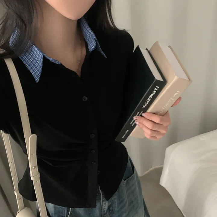[일체형!/말라핏] 레이디 체크 셔링 레이어드 롱슬리브 버튼 긴팔티셔츠 - 4color 상세 이미지 30