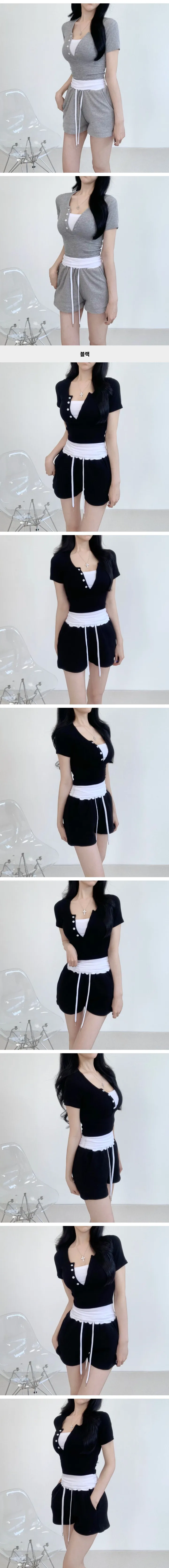 [허리잘록/꾸안꾸🤍] 레이어드 배색 골지 반팔 단추티 + 배색 밴딩 반바지 트레이닝 세트 (3color) 슬림핏 트레이닝 투피스 세트 상세 이미지 6