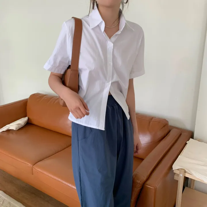 [비침X,베이직] 8컬러 제이 크롭 카라 코튼 반팔 셔츠 상세 이미지 26