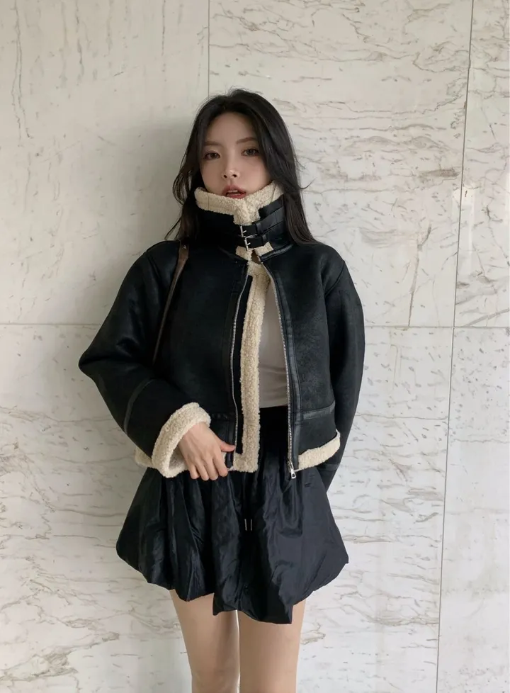 [무스탕맛집❄/유사품No!] 투버클 크롭 레더 양털 무스탕 jk 상세 이미지 15