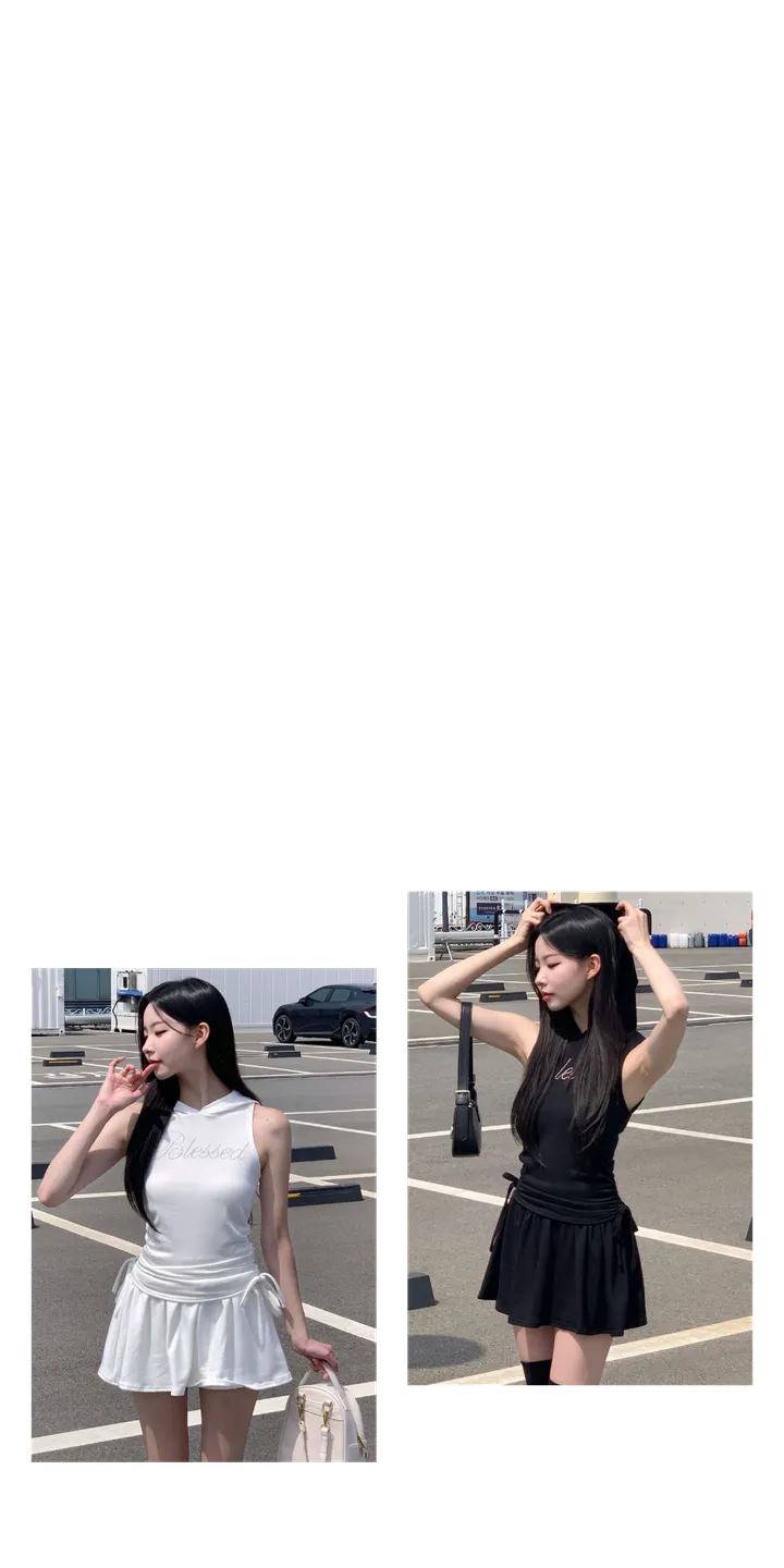[유니크🖤] 미니 후드 세트 / 후드티 반팔티 투피스 치마바지 플레어 플리츠 레이어드 스커트 민소매 오프숄더 여름반팔 셔링 크롭티 크롭반팔 미니스커트 캉캉치마 캉캉스커트 블랙 상세 이미지 7