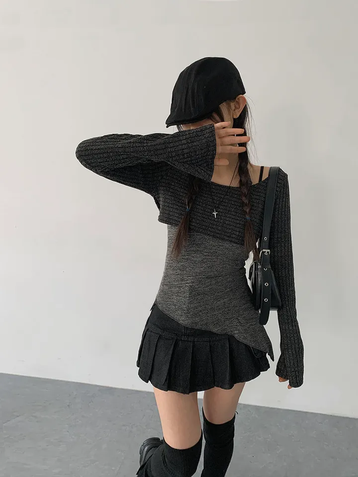 [레이어드세트/몸매보정핏! 뒷모습도완벽🖤 슬림핏 홀터나시 긴팔크롭티 레이어드세트] 리엘사선홀터나시SET 상세 이미지 5
