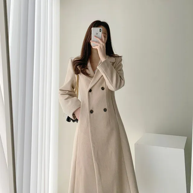A라인 슬림 롱 플레어 더블 버튼 울코트 블랙 베이지 상세 이미지 42