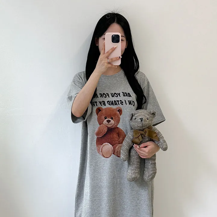 [국내/부드러운] 베어🐻 프린팅 반팔 롱 원피스 - 4color 상세 이미지 30