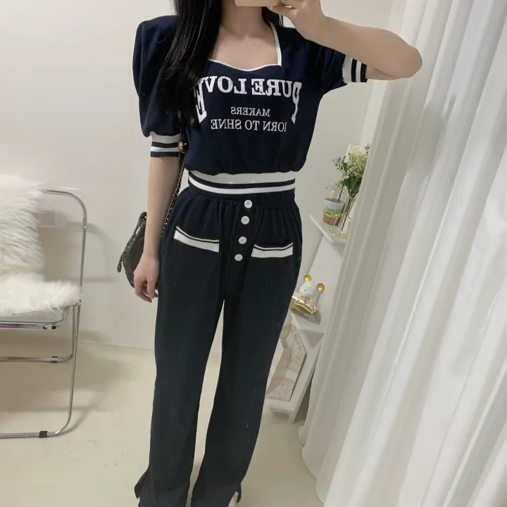 🚀당일발송🚀[세트가격/핏예술-!] 페니 배색 스퀘어넥 레터링 퍼프 시보리 반팔 + 밴딩 버튼 롱 와이드 팬츠 투피스 세트 2color 상세 이미지 9