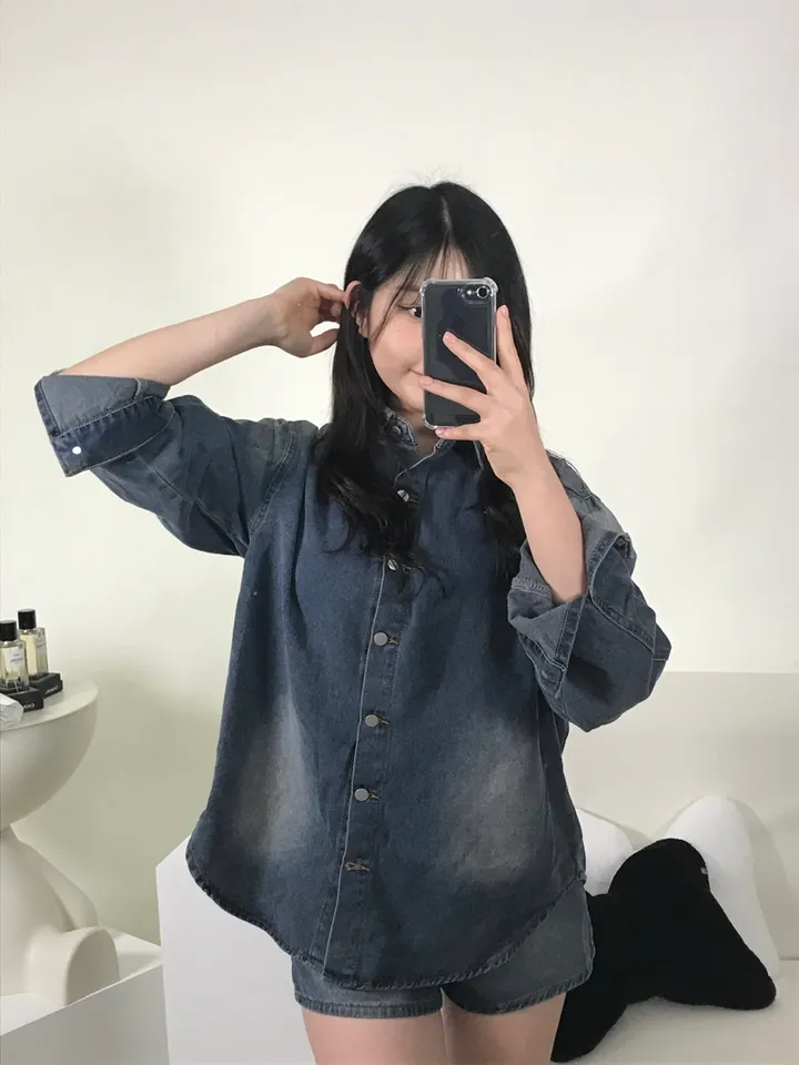 [S,M] 데님 워싱 루즈핏 셔츠+반바지 set 상세 이미지 12