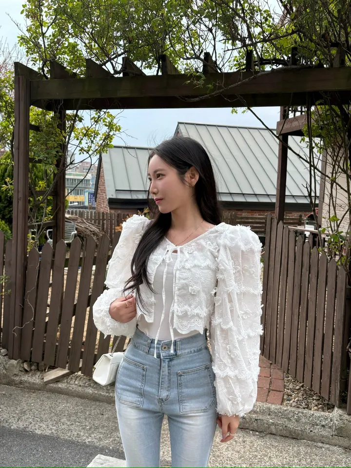 (얼굴소멸) 나비 레이스 자수 퍼프 볼레로 자켓 가디건 상세 이미지 6