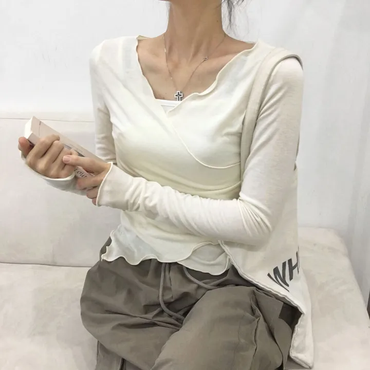 スリムロングスリーブアシンメトリーウェーブTシャツ