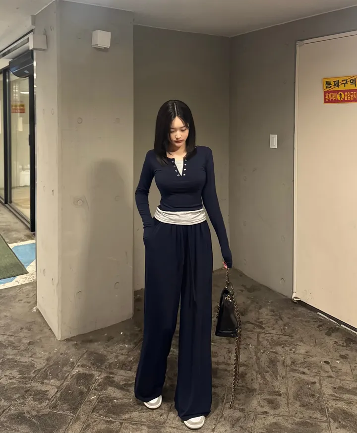 [시원찰랑💕/세트가격] 배색 레이어드 티셔츠 찰랑 와이드팬츠 세트 상세 이미지 8