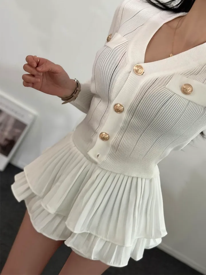 [S~L/코디SET]금장 버튼 골지 니트 슬림핏 쫀쫀 스판 브이넥 긴팔 가디건 캉캉 주름 치마 플레어 플리츠 치마바지 속바지내장 a라인 미니 스커트 투피스 세트 페미닌 데이트룩 상세 이미지 12