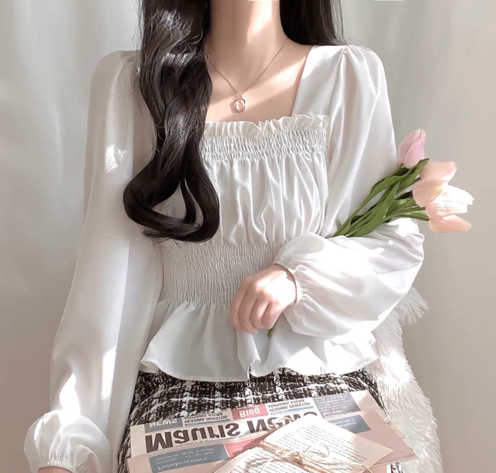 [체형보정/살랑쉬폰] 샤인 스퀘어넥 프릴 셔링 스모크 밴딩 퍼프 블라우스 상세 이미지 12