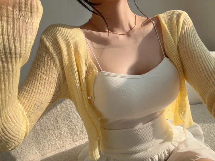 (8color) 【여리여리-!】 수채화 슬림핏 시스루 롱슬리브 진주 버튼 부클 가디건 상세 이미지 50