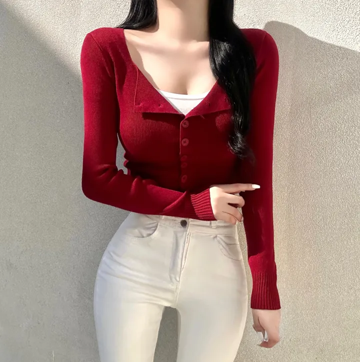 [최저가보장!!/허리잘록/벌어짐X] 청순 글램 소프트 무지 스퀘어넥 허리시보리 골지 니트 가디건 봄신상 세미크롭 데일리 데이트룩 여친룩 베이직 기본 긴팔 티셔츠 개강룩 상세 이미지 27