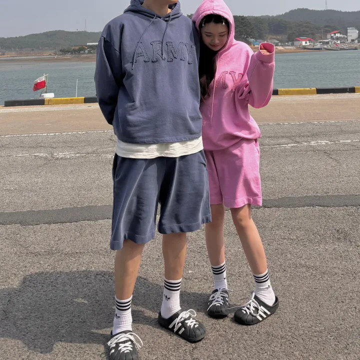 [세트가격🌠/남녀공용🧏‍♀️💕/도링룩단독💌] 피그먼트 아미 레터링 후드 밴딩 5부 반바지 커플 트레이닝세트 투피스 (3color) 상세 이미지 12