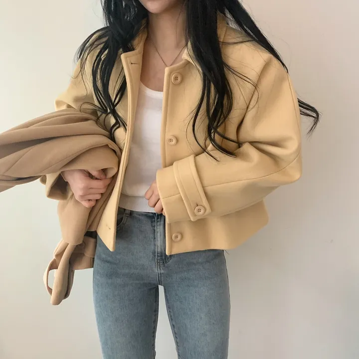 봄가을 크롭재킷 오버핏 아이보리 블랙 싱글버튼 숏코트 상세 이미지 12