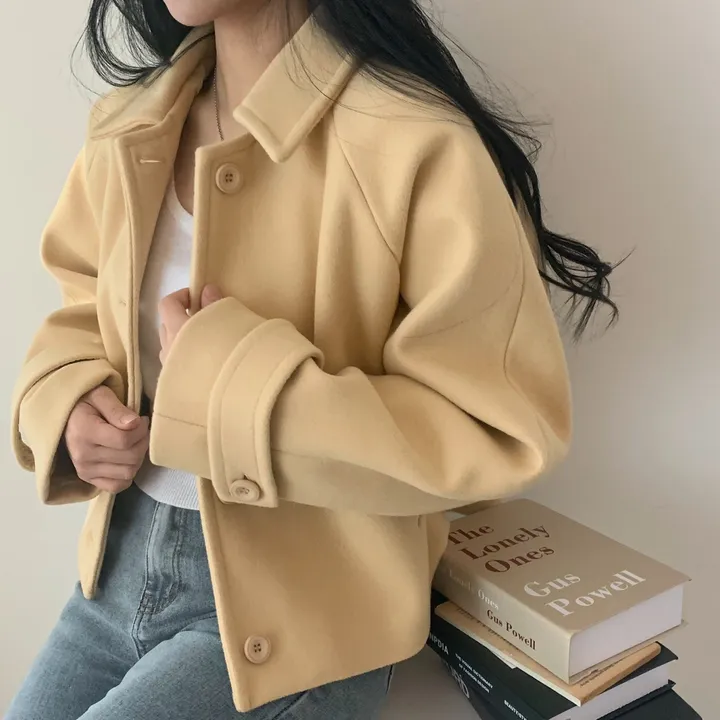 봄가을 크롭재킷 오버핏 아이보리 블랙 싱글버튼 숏코트 상세 이미지 4