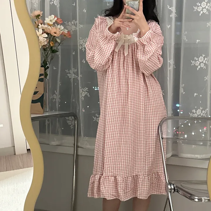 [당일출고/3컬러] 루즈핏 귀여운 스몰 체크 오버핏 긴팔 원피스 파자마 잠옷 상세 이미지 26