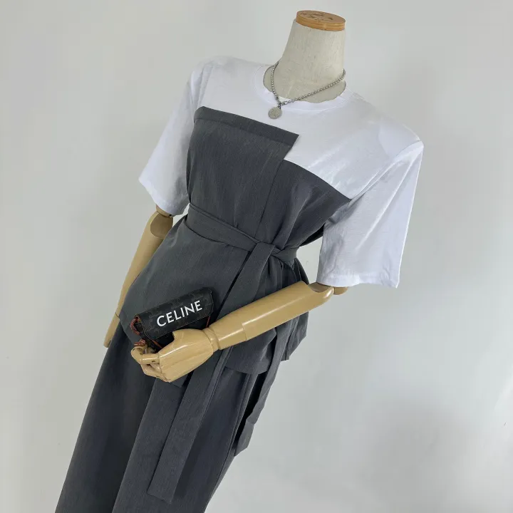 벨트포함[고퀄/패드내장/세트가격/하객룩/오피스룩/격식룩/추천] 루즈핏 언발 레이어드 셔츠 반팔 블라우스 패드 벨트 티셔츠+하이 밴딩 롱 슬랙스 와이드팬츠 셋업 SET(2COLOR) 상세 이미지 9