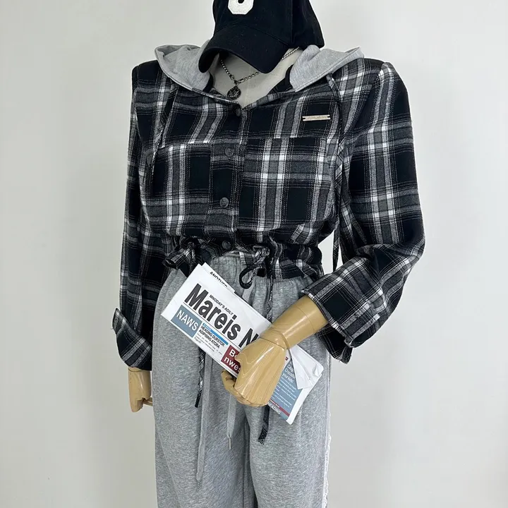 [패드내장/데일리/캐주얼/코디추천템] 크롭 체크 후드 배색 패치 스트링 셔츠 남방 상세 이미지 8