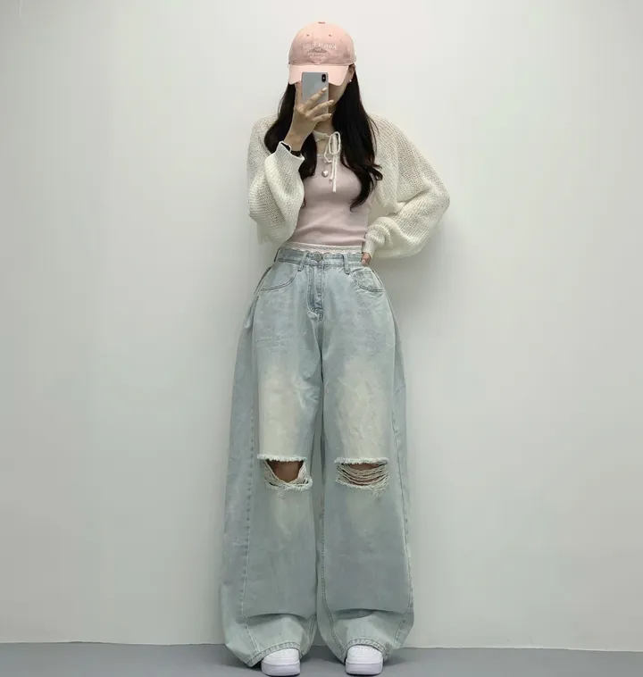 당일🚀[숏,롱/~XL/찐인생바지] 슬릿 찢청 폴딩 빈티지워싱 벌룬핏 옆핀턱 와이드팬츠 무릎트임 데님 청바지 기장선택 빅사이즈까지 오버핏팬츠 여름청바지 상세 이미지 8