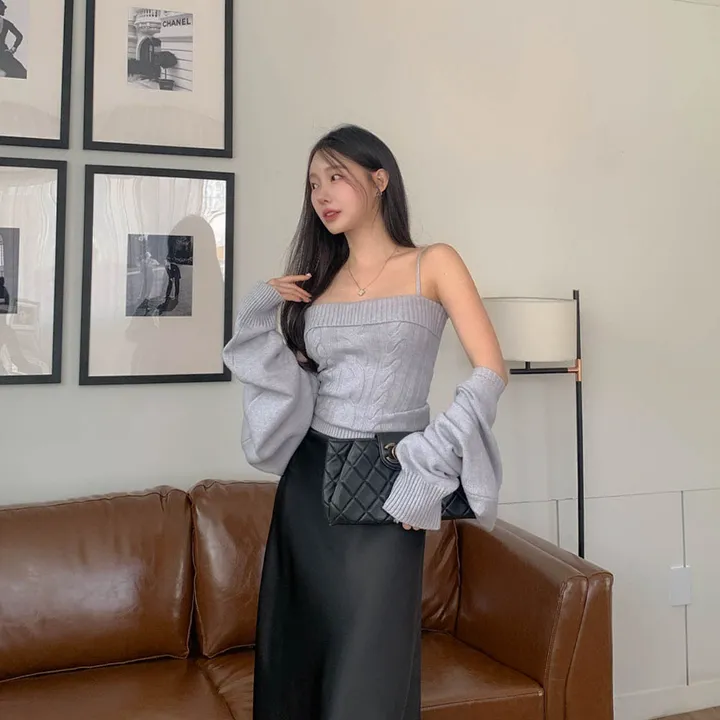 [찐애정템ㅠ고퀄버전*나시볼레로setෆ부유방삭제핏] 빈츠 꽈배기 끈나시 + 루즈핏 긴팔 볼레로 세트 니트 탑 나시 크롭 볼레로 가디건 스판 긴팔 투피스 세트 봄 가을 데일리룩 데이트 상세 이미지 54