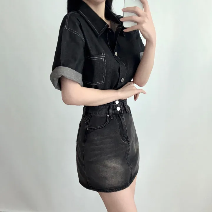 [무채색코디🖤] 오버핏 스티치 반팔 셔츠 + 워싱 흑청 미니 스커트 투피스 코디세트 - 단품,세트선택가능 상세 이미지 6