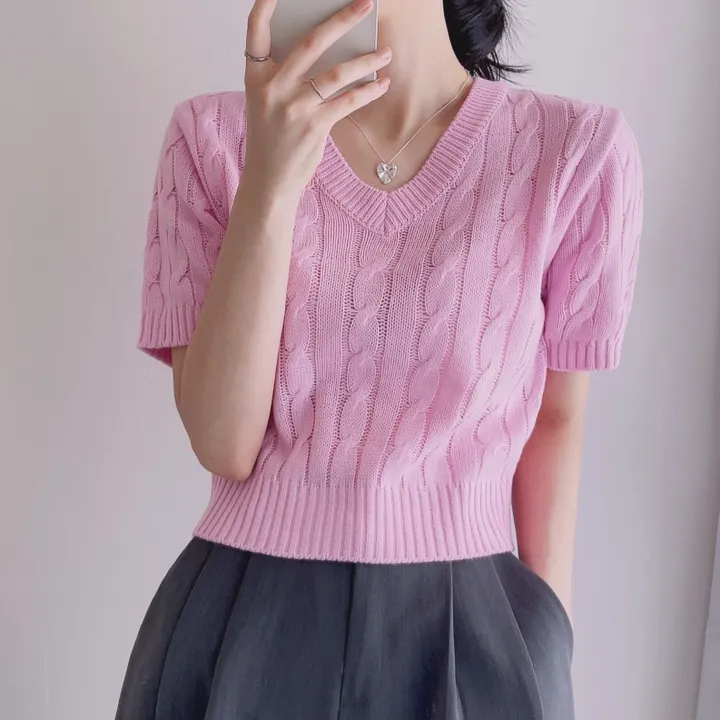 (6color/최저가 보장!) 실물보장! 색감에 반한, 마카롱 꽈배기 브이넥 크롭 반팔 니트 상세 이미지 23