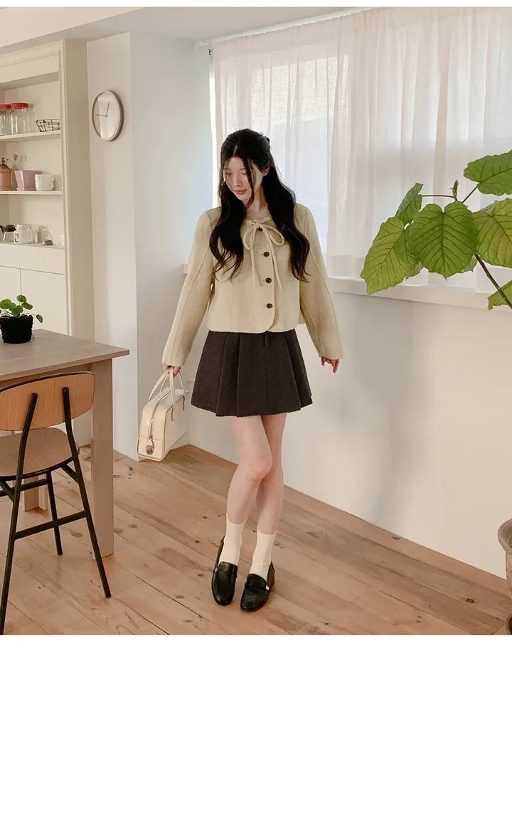 [울68.2%]레이제 리본 핸드메이드 숏코트(라운드넥/노카라/스트랩/버튼/데일리룩/데이트룩/러블리룩/출근룩/겨울) 상세 이미지 16