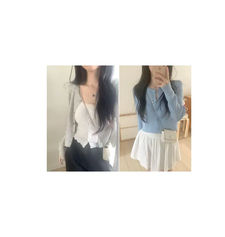 레이 여름 린넨 골지 크롭 라운드 긴팔 가디건 (9color) [ 봄 여름 살안타템 데일리룩 기본 베이직 ] 상세 이미지 1
