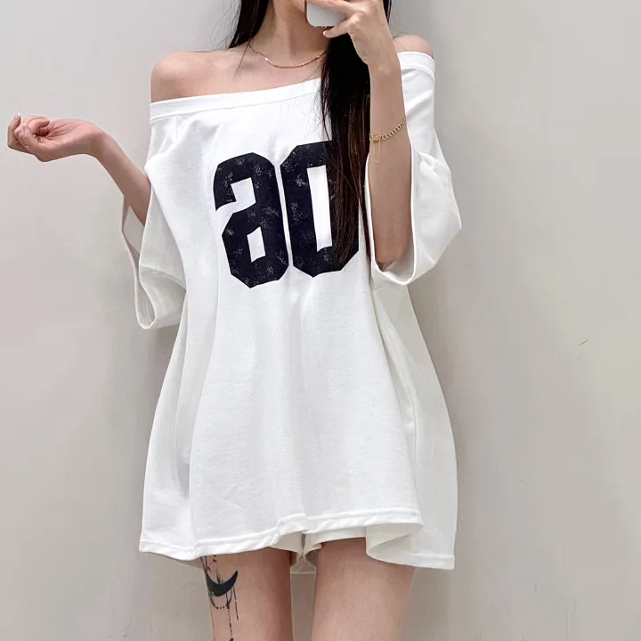 [왕루즈핏/핏대박템] 넘버식스 오버핏 입술넥 언발 오프숄더 반팔 박시 티셔츠+밴딩 하이웨스트 3부 숏팬츠 반바지 트레이닝 세트 투피스 셋업 4color 상세 이미지 15