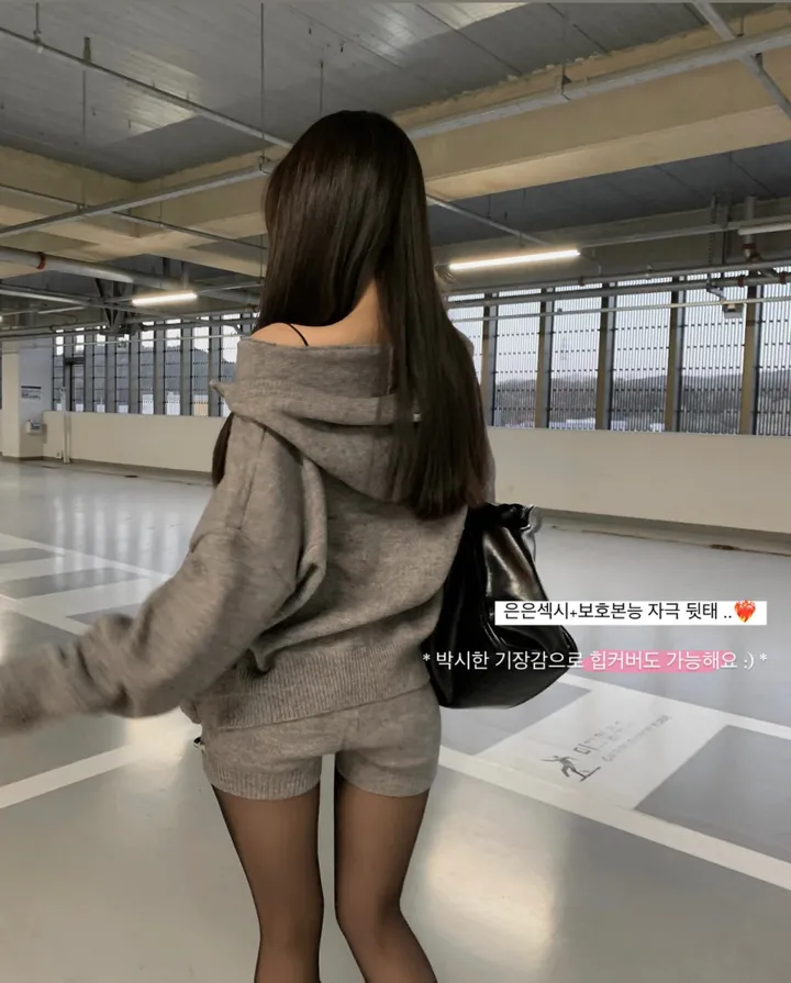 ✔️고퀄단독제작✔️[심쿵뒷태!/꾸안꾸🕶] 패치 루즈핏 하프 후드집업 니트 숏팬츠 반바지 세트 셋업 투피스 하의실종 상세 이미지 7