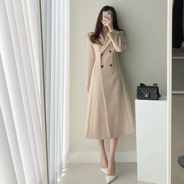A라인 슬림 롱 플레어 더블 버튼 울코트 블랙 베이지 상세 이미지 34