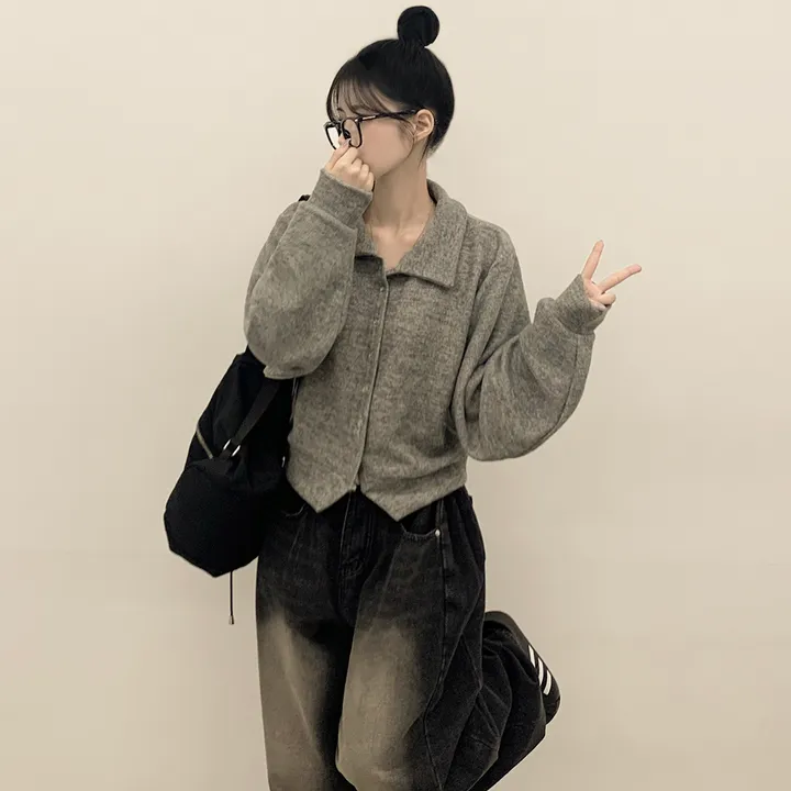 [보들보들🖤/귀여움] 아방핏 카라 스냅 단추 긴팔 세미크롭 벌룬가디건 상세 이미지 8