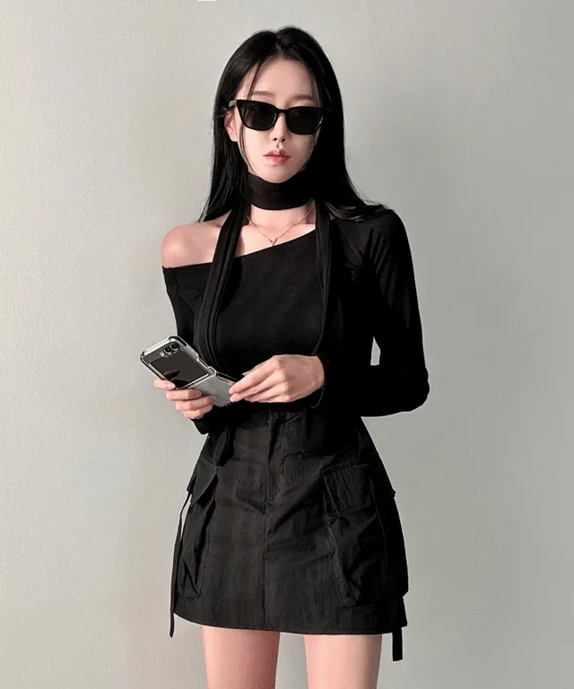 [페미닌/여리여리~] 씨엘 스카프 오픈숄더 보트넥 긴팔 티셔츠 - t