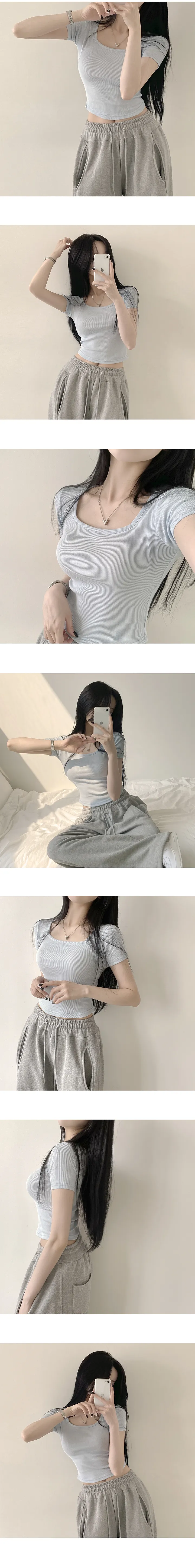 [쫀쫀!,슬림핏/필수템] 몸매 예뻐보이는, 쫀득 스퀘어넥 골지 크롭 반팔티셔츠 (10color) 상세 이미지 5