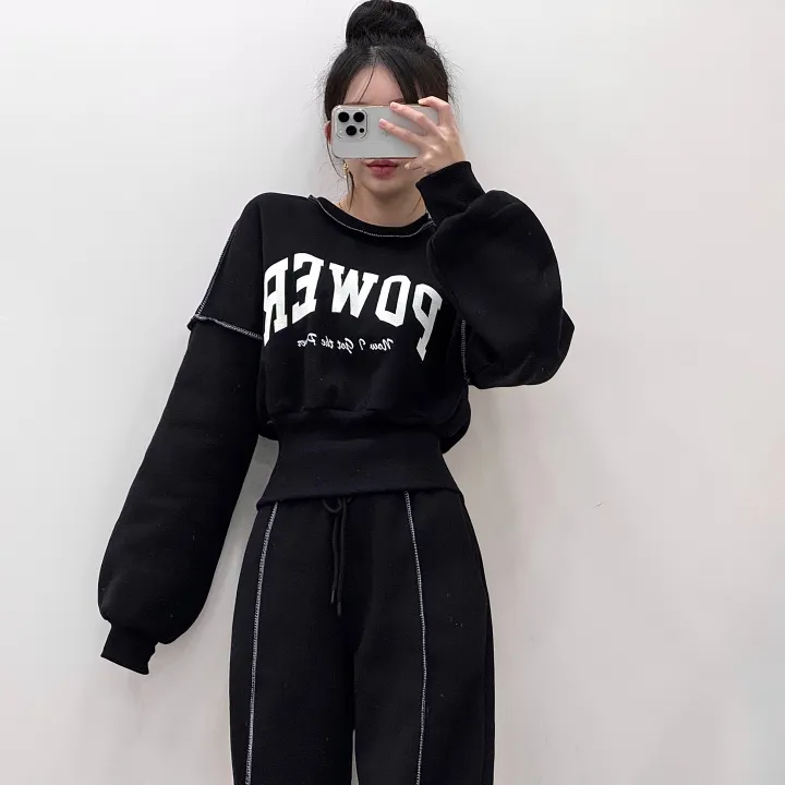 *단독 봄버전추가*[허리잘록!/아방핏] 핏대박템 스티치 라인 레터링 시보리 기모 크롭 맨투맨+밴딩 하이웨스트 핀턱 와이드 롱팬츠 트레이닝 세트 투피스 셋업 3color 상세 이미지 28