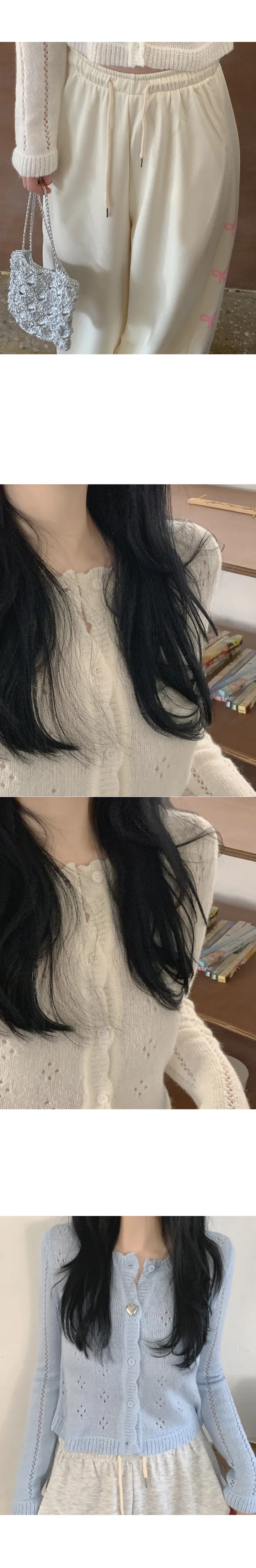 [Spring☘] 반크 아일렛 펀칭 물결 크롭 슬림핏 긴팔 봄 니트 가디건 (2color) 봄가디건/크롭가디건/봄옷/봄신상/봄코디/여행룩/소풍/데이트룩 상세 이미지 5