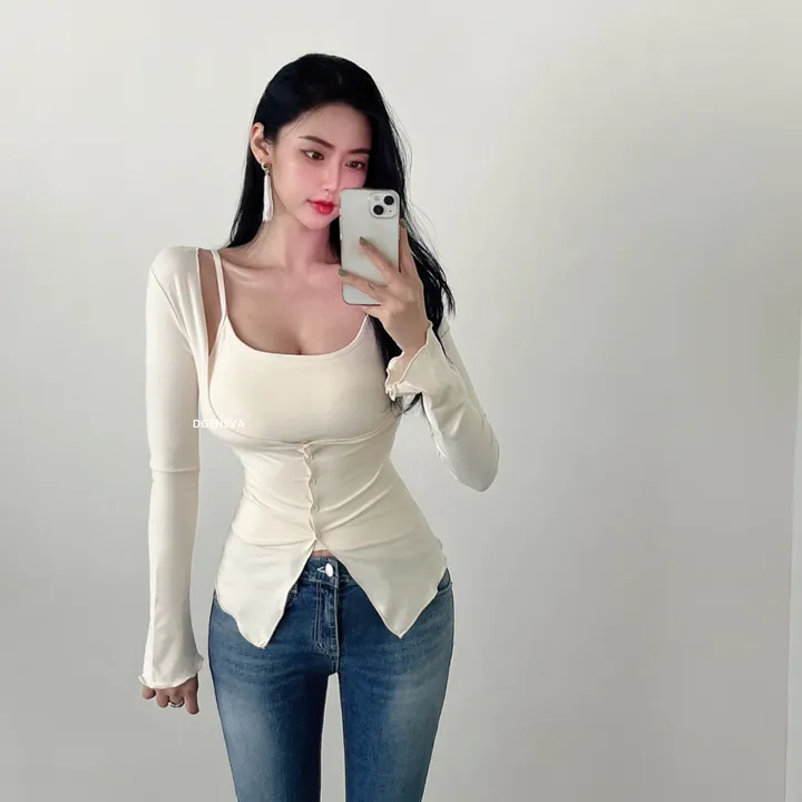 당일/볼륨감up👸 빈SET 캡내장 스판 나시 + 물결 트임 가디건 프릴 소매 데일리 베이직 섹시룩 글램룩 데이트룩 쫀쫀 슬림 세트 셋업4color 상세 이미지 15