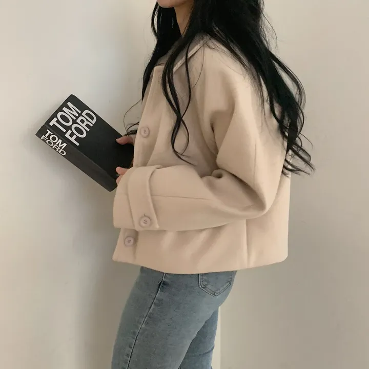 봄가을 크롭재킷 오버핏 아이보리 블랙 싱글버튼 숏코트 상세 이미지 37