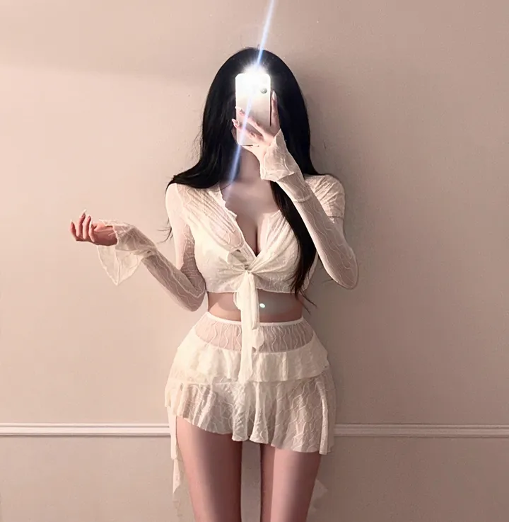 [최저가!!/리얼핏보장/4pcs] 여리 커버업 세트 섹시 글램 비키니 캉캉 스커트 + 크롭 리본 가디건 수영복 비치웨어 모노키니 휴양지룩 호캉스 바캉스룩 해외여행 청순 분위기 여신 상세 이미지 8