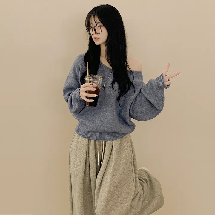 [청순힙✨폭닥] 흐르는 여리핏, 보트 브이넥 오버핏 원오프숄더 아방핏 긴팔니트 빅사이즈 상세 이미지 5