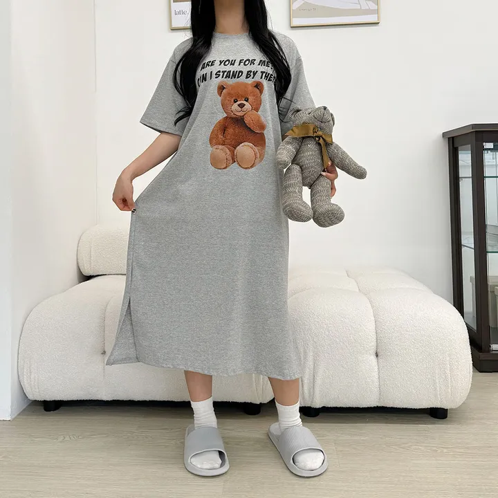 [국내/부드러운] 베어🐻 프린팅 반팔 롱 원피스 - 4color 상세 이미지 29