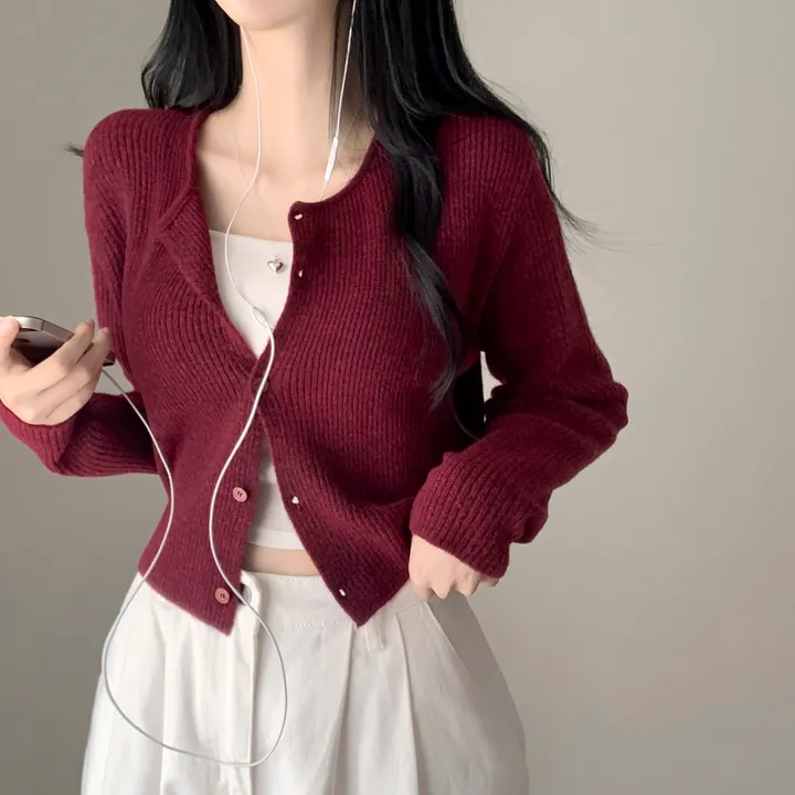 [캐시울/만족도100%] 크렌베리🍇 여리핏 캐시울 아크릴 라운드 골지 크롭 긴팔 가디건 상세 이미지 4
