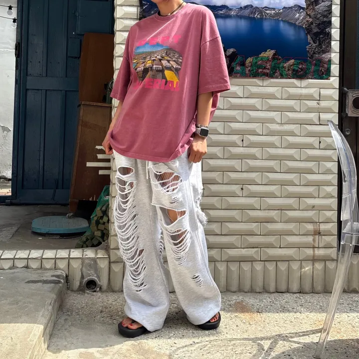 [허리~63까지 MD 추천🤩] 데미지 디트로이드 제니팬츠 / 유니크 스트릿 댄스복 페스티벌 체육대회 빅사이즈바지 세미 부츠컷 조거팬츠 봄바지 여름바지 댄스복 하비언니 와이드팬츠 상세 이미지 33